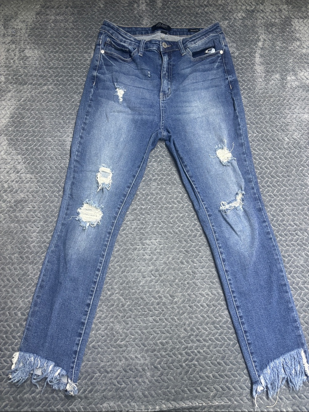 Judy Blue Mid Wash Skinny Jeans with Distressed Rips and Frayed Hem
